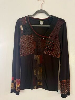 Dolcezza Artsy Patchwork Mesh Long Sleeve Knit Top - Size S